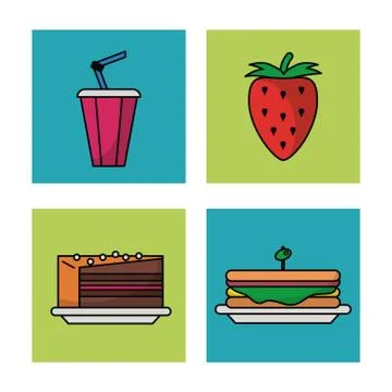 White background with frames of picnic elements with drink and strawberry fruit Stock Illustration