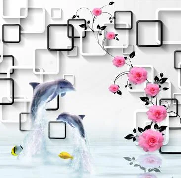 White background, frames, pink roses, two dolphins, two yellow fish Stock Illustration