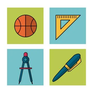 White background with frames of school elements basketball ball and rule squad Illustrazione stock