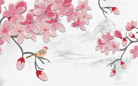 White background with gray hills, large pink flowers, a small bird Illustrazione stock