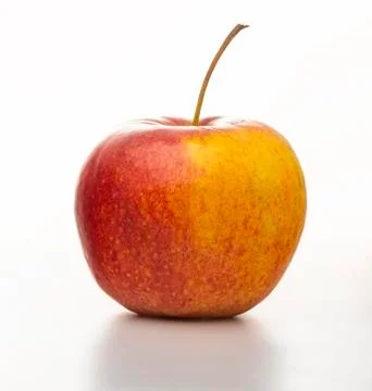 White background, green leaf, single ripe, apple harvest, band, bite,  image, Fotos de archivo