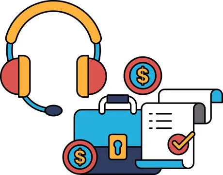 A white background with a headset, a briefcase, and a stack of dollar bills Ilustração Stock