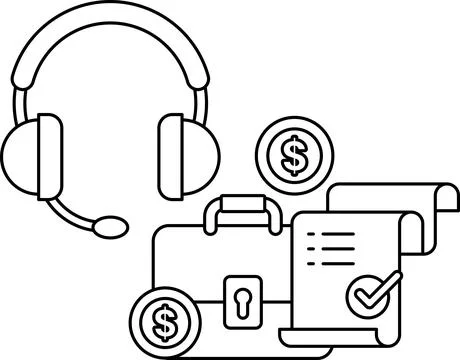 A white background with a headset, a briefcase, and a stack of dollar bills Ilustração Stock