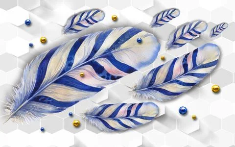 White background, hexagons, blue and golden balls, large striped feathers Stock Illustration