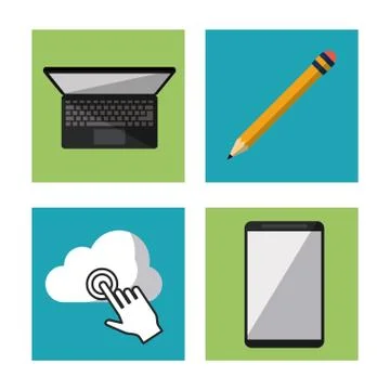 White background with laptop computer pencil and cloud and tablet in square Illustrazione stock