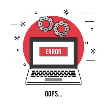 White background with laptop over red circle with error oops text and pinions on Stock Illustration