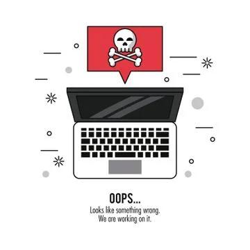 White background with laptop top view and skull and bones in red background oops Stockillustratie