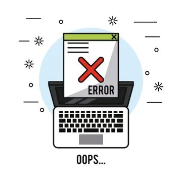 White background with laptop in top view and window message error oops 스톡 일러스트