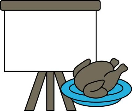 A white background with a large black board and a plate of chicken Illustrazione stock