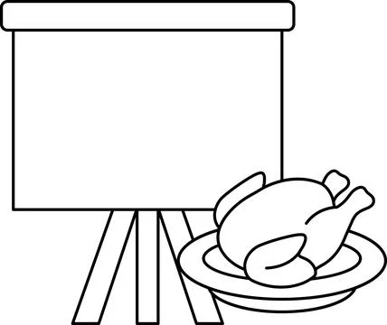 A white background with a large black board and a plate of chicken Illustrazione stock