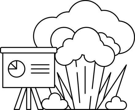 A white background with a large cloud and a small white board with a pie char Stock Illustration