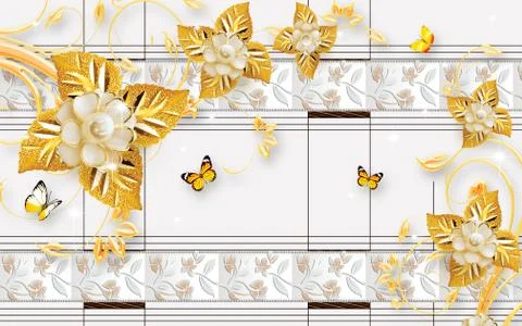 White background, large gilded ceramic flowers with bright golden leaves Stock Illustration