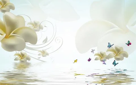 White background, large yellow-white buds of fabulous flowers, butterflies Stock Illustration
