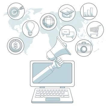 White background map world with color sections of laptop computer with bubbles Illustrazione stock