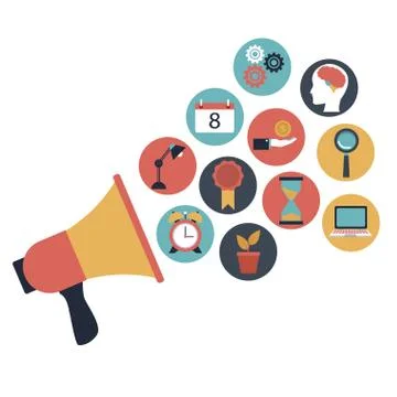 White background with megaphone with elements investment and advertising Stock Illustration