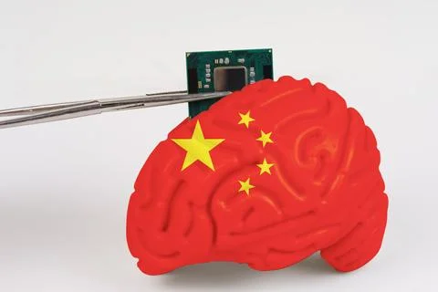 On a white background, a model of the brain with a picture of a flag - China, Foto stock