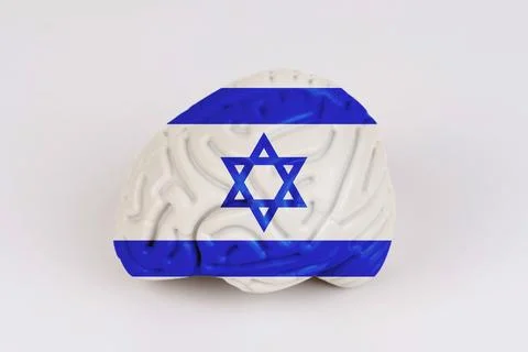 On a white background, a model of the brain with a picture of a flag - Israel Foto stock