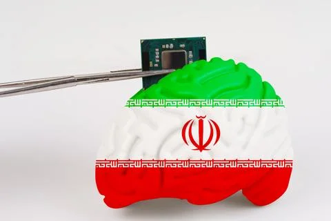 On a white background, a model of the brain with a picture of a flag - Iran,  Stock Photos