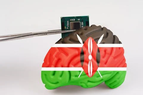 On a white background, a model of the brain with a picture of a flag - Kenya, Stock Photos