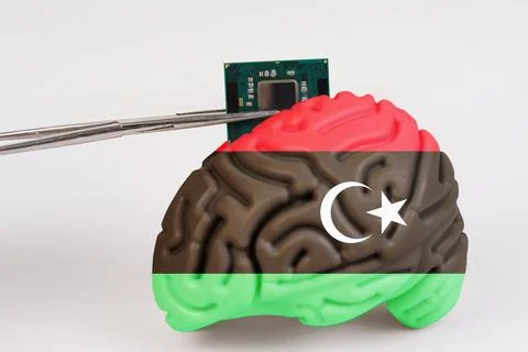 On a white background, a model of the brain with a picture of a flag - Libya, Foto stock