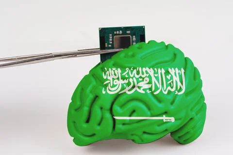 On a white background, a model of the brain with a picture of a flag - Saud.. Stock Photos