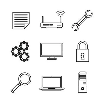 White background with monochrome icons of data service center Stock Illustration