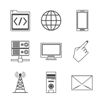 White background with monochrome icons of network broadcasting and tech devices Illustrazione stock
