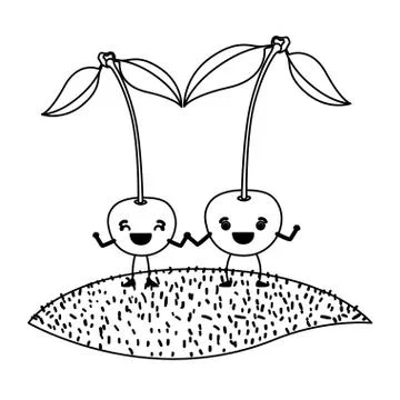White background of monochrome pair of cherry fruits caricature over grass Ilustração Stock