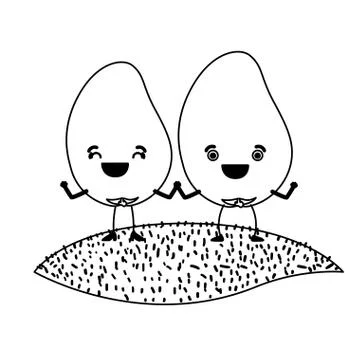 White background of monochrome pair of mango fruits caricature over grass Ilustração Stock