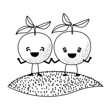 White background of monochrome pair of orange fruits caricature over grass Ilustração Stock