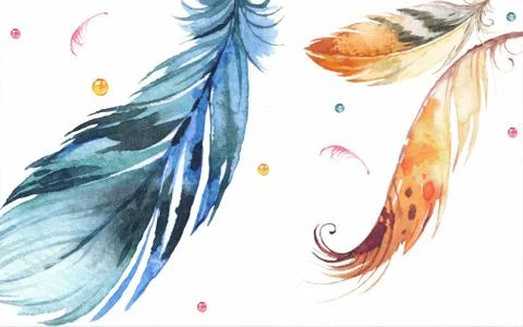 White background, multi-colored balls, large drawn feathers Stock Illustration