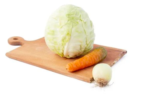 White background. No isolation. Head of fresh cabbage, carrots and onions on  Stock Photos