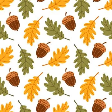 White Background Oak Leaf Acorn Seamless Pattern Hand Drawn Flat Stockillustratie