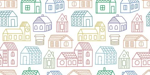 White background with outline hand-drawn villas, rural houses, and cottages. Ilustração Stock