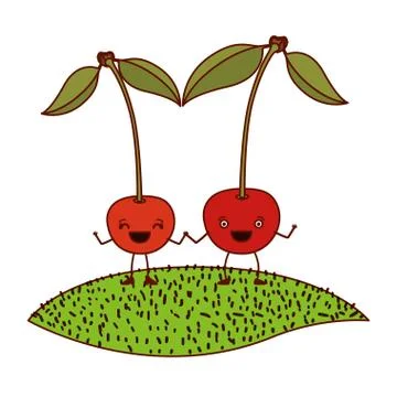 White background with pair of cherry fruits caricature over grass Ilustração Stock