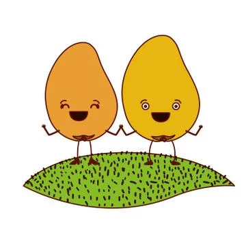 White background with pair of mango fruits caricature over grass Ilustração Stock