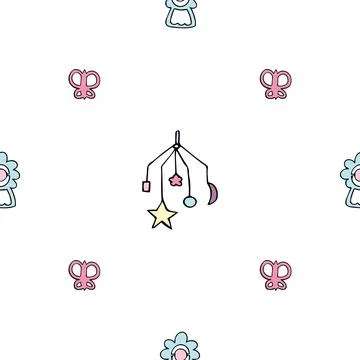 White background pattern with kids toys, mechanical musical toy and butterflies Stock Illustration