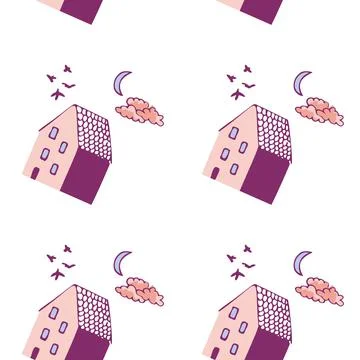 White background pattern with pink and purple houses, blue moon, clouds and Stock Illustration