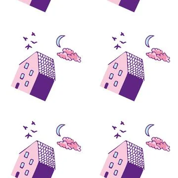 White background pattern with pink and purple houses, blue moon, clouds and イラスト素材