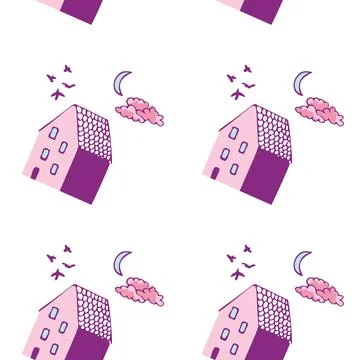 White background pattern with pink and purple houses, blue moon, clouds and 스톡 일러스트