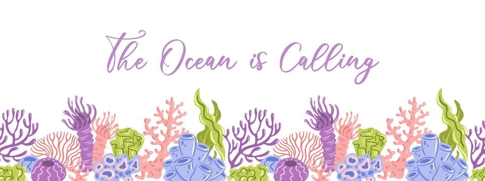 A white background with the phrase The Ocean is Calling in purple cursive above Stock Illustration