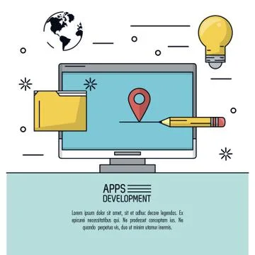 White background poster of apps development with desktop computer and icons apps 库存插图