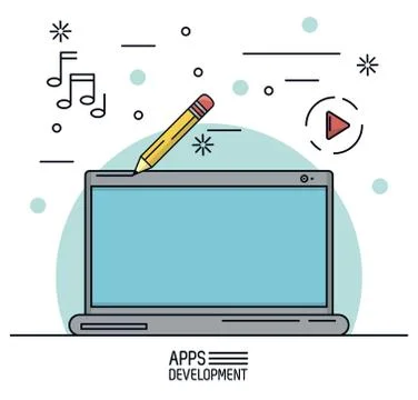 White background poster of apps development with laptop and icons apps on top 库存插图