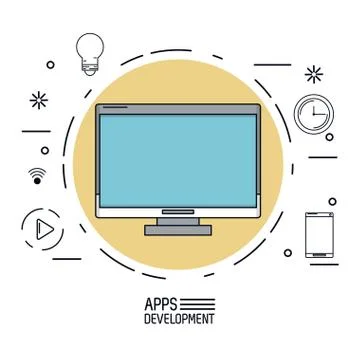 White background poster of apps development with desktop computer in beige 库存插图