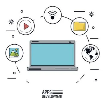 White background poster of apps development with laptop and icons app of more 库存插图