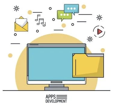 White background poster of apps development with desktop computer and icons apps Stock Illustration