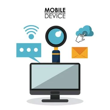 White background poster of mobile device with desktop computer and common icons Illustrazione stock