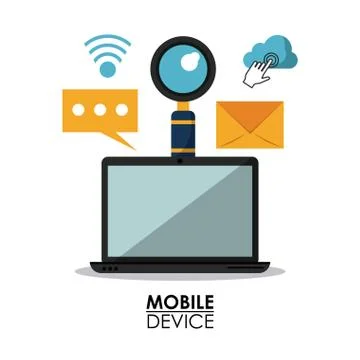 White background poster of mobile devices with laptop computer and common icons Stock Illustration