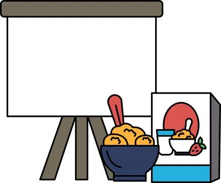 A white background with a projector screen and a bowl of food Stock Illustration