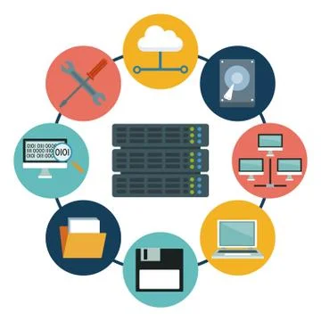 White background with rack server and icons elements data center around 库存插图